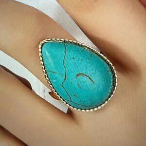 Bohemian Style Water Droplet Turquoise ring, Gold Tone Trim